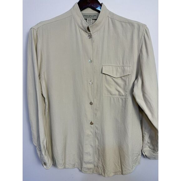 Jones New York Women's Shirt Button Up Silk Stand Up Collar Beige Size14 - Picture 1 of 6